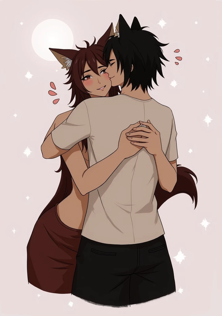 Kissing, with their wolf ears and tail out, still human