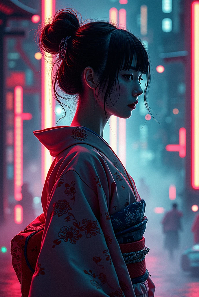 Japanese traditional clothing, Katsushika Hokusai Style, (cyber punk) (neon), woodblock print