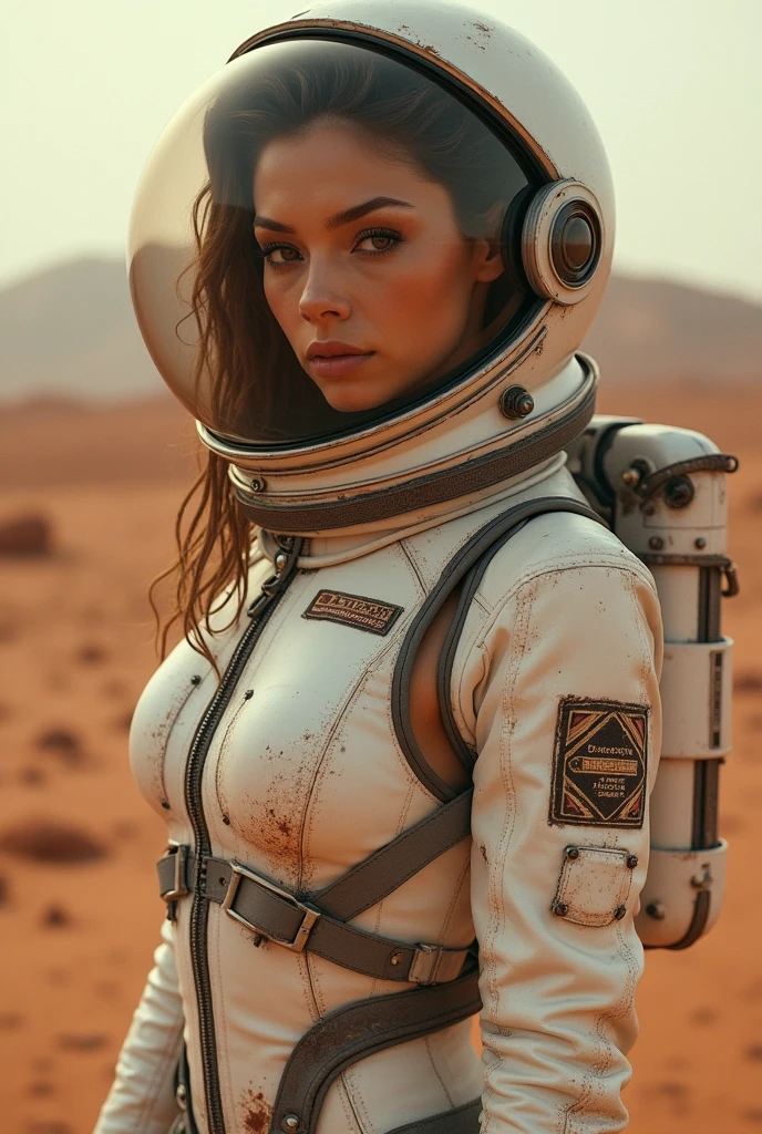 Hyperrealistic of a beautiful young woman in rusty white spacesuit in the style of Möbius , beautiful , surface of Mars background ,dynamic pose, medium long shot, soft lighting , gentle shadows, dim light, dark fantasy,