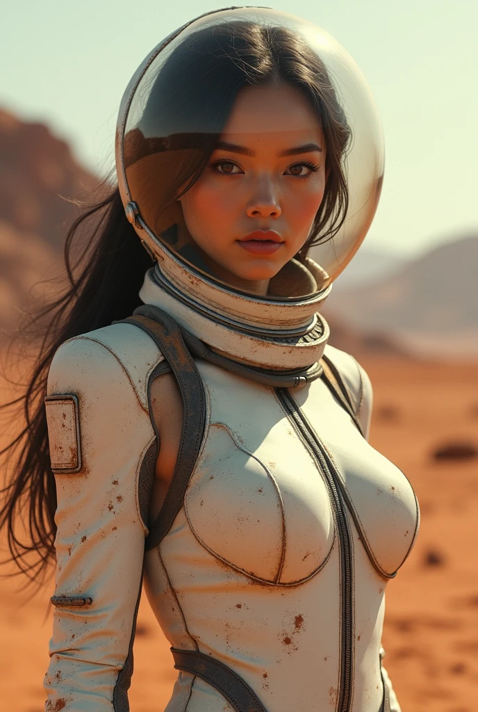 Hyperrealistic of a beautiful young woman in rusty white spacesuit in the style of Möbius , beautiful breasts, surface of Mars background ,dynamic pose, medium long shot, soft lighting , gentle shadows, dim light, dark fantasy,