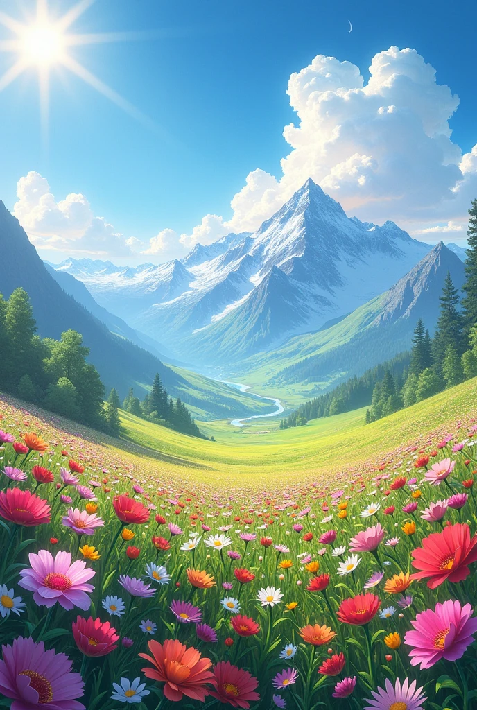 Please create a huge field of flowers with very white clouds and mountains in the background., In this field of flowers there are all kinds of the most beautiful flowers and there is a very bright sun in the background of the image