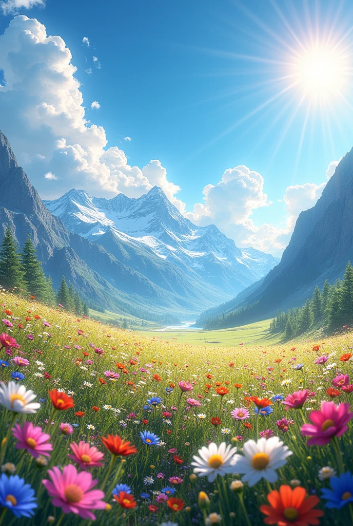 Please create a huge field of flowers with very white clouds and mountains in the background., In this field of flowers there are all kinds of the most beautiful flowers and there is a very bright sun in the background of the image