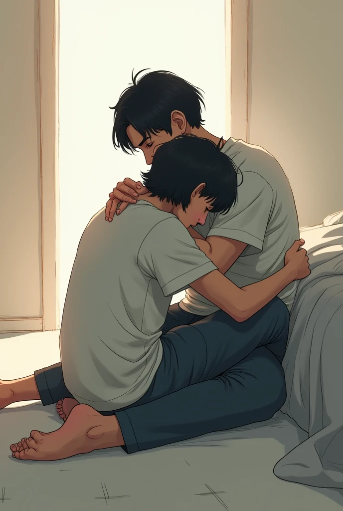 A 170cm tall man with short, center-parted black hair is sitting on the floor with his back against the bed.、An illustration of a man with shoulder-length hair, 163cm tall, sitting with his head resting on the other person and hugging them closely, with his whole body visible