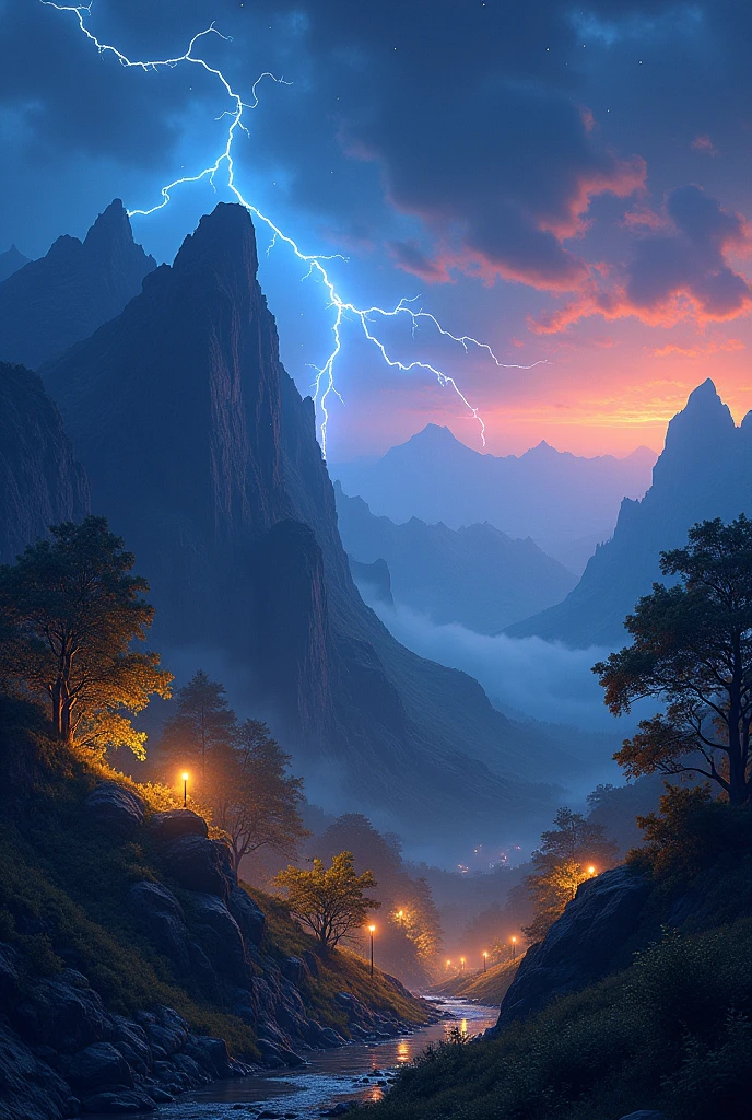 Sky, rock , tree, hill station, night 
Orange blue colour mix lightning 
