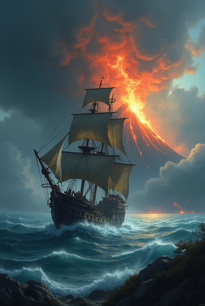 At the bottom of the image a gigantic pirate ship in the middle of a violent storm;
Na parte superior, a volcano erupting far away in the middle of the forest at night