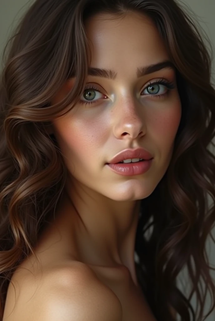 Woman with long curly hair, full mouth, a mole on the lower part of her mouth
