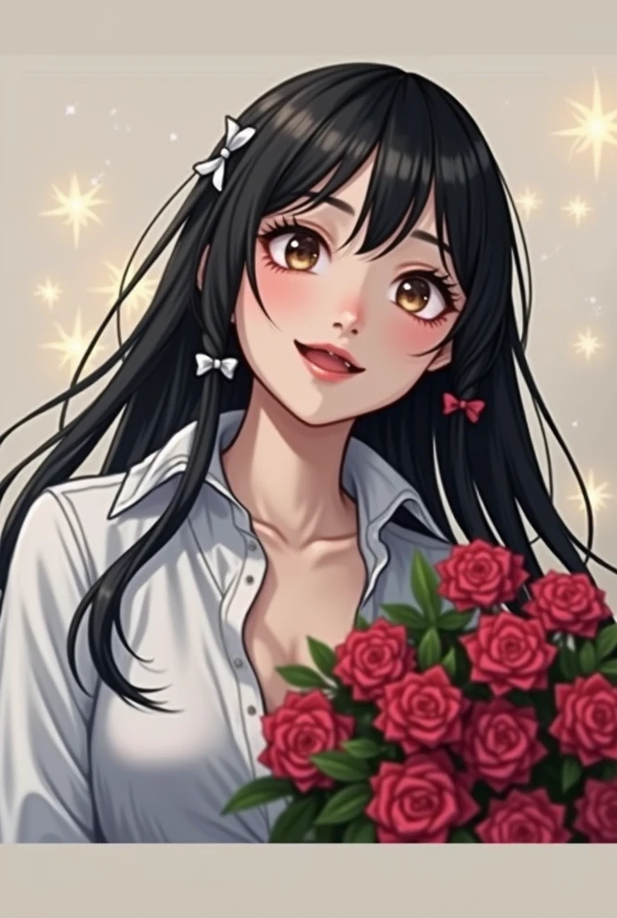 High resolution, masterpiece, accurate, Anatomically correct, Highest quality, detail, One person, Long Hair, smile, Black Hair, Bangs between the eyes, Side braids, chest, Open your mouth a little, Big glitter eyes, Mischievous, Sparkling eyes, Wide-angle shot, ribbon hair accessories, Godley, 