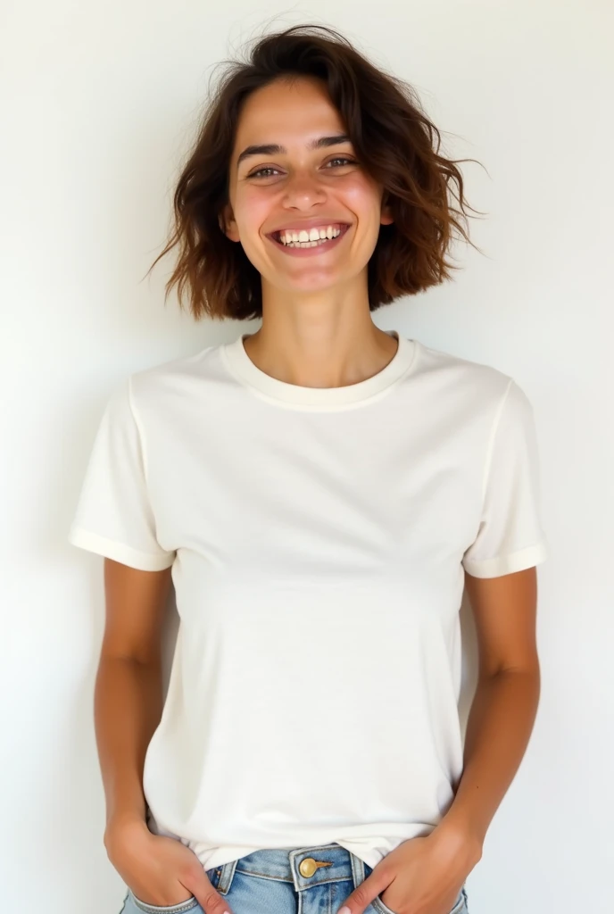 Brazilian woman with light skin and short brown hair wearing an ivory cotton crew neck baby look style t-shirt with her hands in her pockets smiling happily on a white background