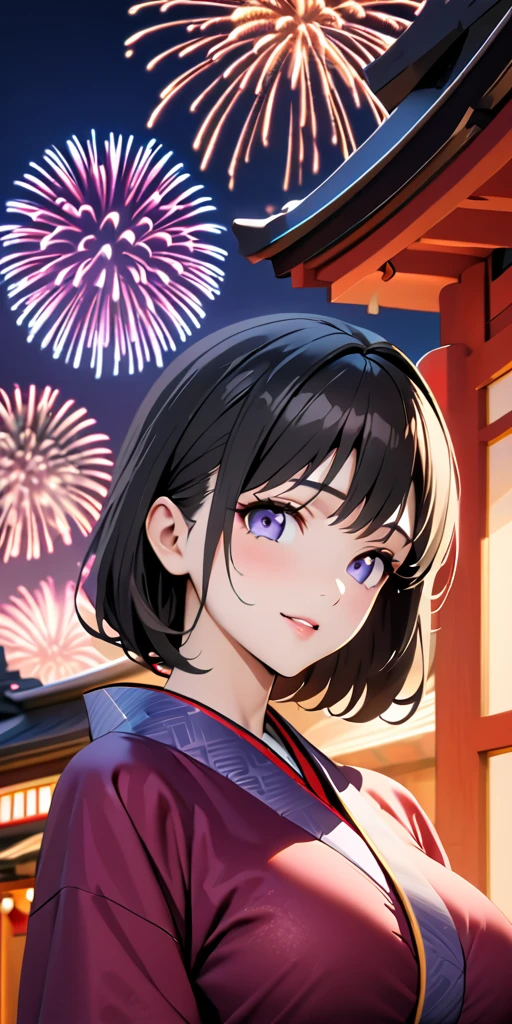 ((Highest quality、masterpiece、anime style、best quality、high resolution、8k、detailed、ultra-detailed:1.3))、Long legs:1.2, Beautiful woman with perfect figure:1.4、(Smiling:1.2), double eyelid、30-year-old female、((((One Woman,beautiful face,Beautiful face、Japanes,Japan、Kyoto、kimono、 night,upper body:1.5)))),Big Breasts、High resolution, accurate, High-resolution model, high quality, Very detailed, Ultra high definition, Textured skin,one moon,fireworks,Shrines, Buddhist temples,Japanese Festival