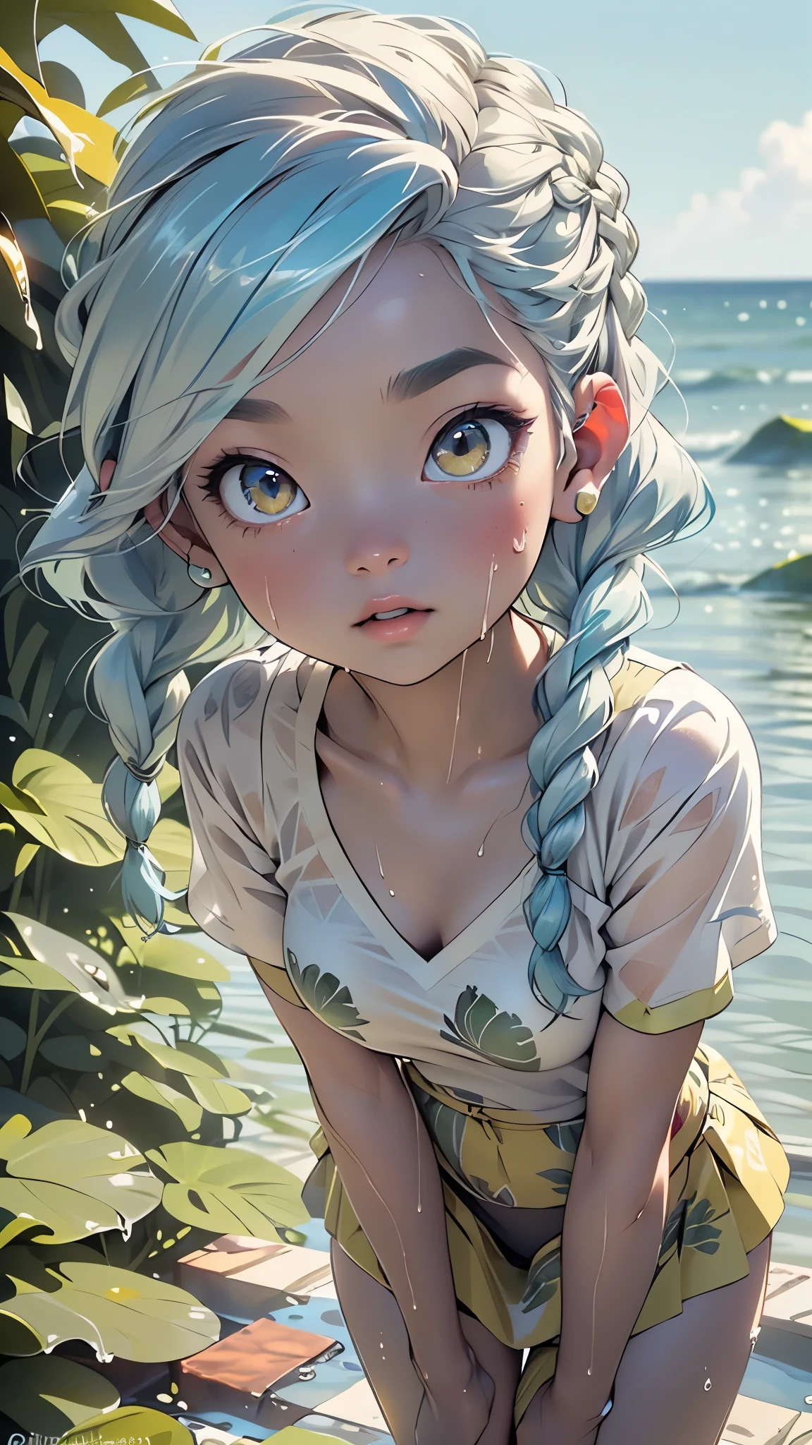 alien girl,(((1girl))),((beautiful alien girl)),

alien fish girl,(huge eyes:1.5),(((ear fins:1.5))),(((scaly skin:1.5))),((monster_girl)),

(light blue hair:1.5), long hair, (((braids hair:1.5))),

(glowing eyes),((heterochromia:1.5, (green_eye and blue_eye))), (((black sclera:1.5))),symmetrical eyes,(large breasts:1.4),saggy breasts,((colored inner hair,)),((fat)),(((lustrous skin:1.5,bright skin: 1.5,skin tanned,shiny skin,very shiny skin,shiny body,plastic glitter skin,exaggerated shiny skin,illuminated skin,wet legs))),(spider lower abdomen,narrow waist,wide hip,athletic body,inflated legs, thick thighs,detailed body,(detailed face)),

cute,slutty,seductive,??????,((nsfw)),

zettai ryouiki,revealing clothing,show skin,((wearing underwater scale shirt with an yellow print,scale mini-skirt,visible thong straps)),((underpants strap)),(wearing a underwater  scale outfit:1.3,underwater atlantis clothes,semi-naked,with little clothing),(((wet clothes,intricate outfit,intricate clothes))),

(dynamic pose:1.0),solo focus,embarrassed,(centered,scale to fit dimensions,Rule of thirds),

outdoors, ocean, (ocean in the background), scenery, extremely scenery, (puddles everywhere, moss, moss on the bottom), clouds, water lilies, palm trees, reeds, (sunset, golden hour),(egyptian palace background,pyramids in the background),

(Glossy atlantis ornaments),highres,sharp focus,(ultra detailed,extremely detailed),(photorealistic artwork:1.37),(extremely detailed CG unity 8k wallpaper),(((vibrant colors,vibrant theme))),(intricate),(masterpiece),(best quality),artistic photography,(photography taken by sldr),(intricate background),perfect rendered face,perfect face details,realistic face,photo realistic,((intricate detail)),(((realism))),
