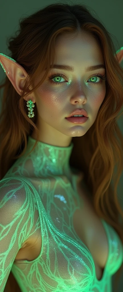 Create a highly detailed, semi-realistic portrait of a female character with the following features:

	•	Skin Tone: Light olive complexion with iridescent patches that shimmer under certain angles, creating a pearlescent effect. The iridescence should be particularly noticeable on her cheekbones and forearms.
	•	Hair: Long, wavy brown hair with bio-synthetic strands that glow faintly in low light. The hair should shift colors between auburn and gold. The strands should have the ability to change texture, becoming stiffer when needed.
	•	Eyes: Bright green eyes with an additional reflective layer, giving them a luminous quality, especially at night. The pupils should be slightly larger than a human’s, and the sclera should have a faint greenish tint that blends with her irises.
	•	Facial Features: A slightly elongated face with delicate, ethereal features. Her ears should be slightly pointed, adorned with subtle, retractable bioluminescent patterns that glow softly. Her nose should be streamlined, with a faint glow along its ridge.
	•	Body Type: A curvy, streamlined, and graceful build, with prominent hips and bust. Her fingers and toes should have subtle webbing, indicating an aquatic adaptation. Her skin should have faint bioluminescent lines that trace along her spine and ribs.
	•	Clothing: If applicable, dress her in a bio-engineered suit that mimics the texture of plant leaves, with shifting green and iridescent patterns that match her skin.

The overall image should emphasize her ethereal, slightly otherworldly appearance, blending human and advanced evolutionary traits.