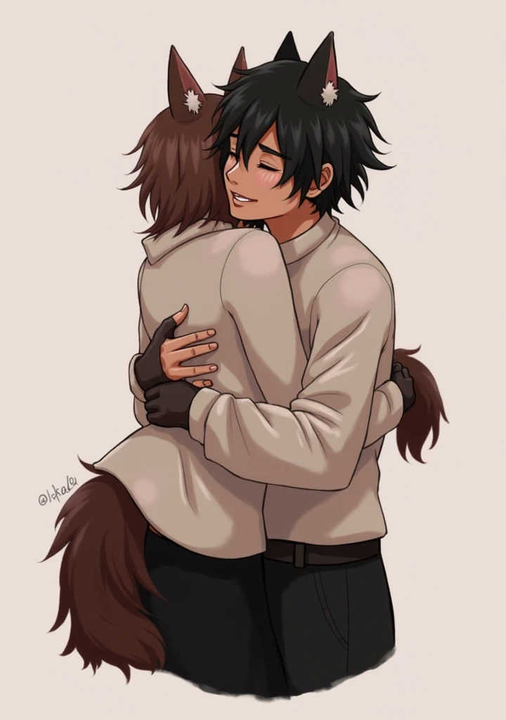 Kissing, with their wolf ears and tail out, still human