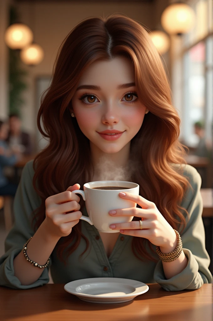 Brunette woman drinking coffee
