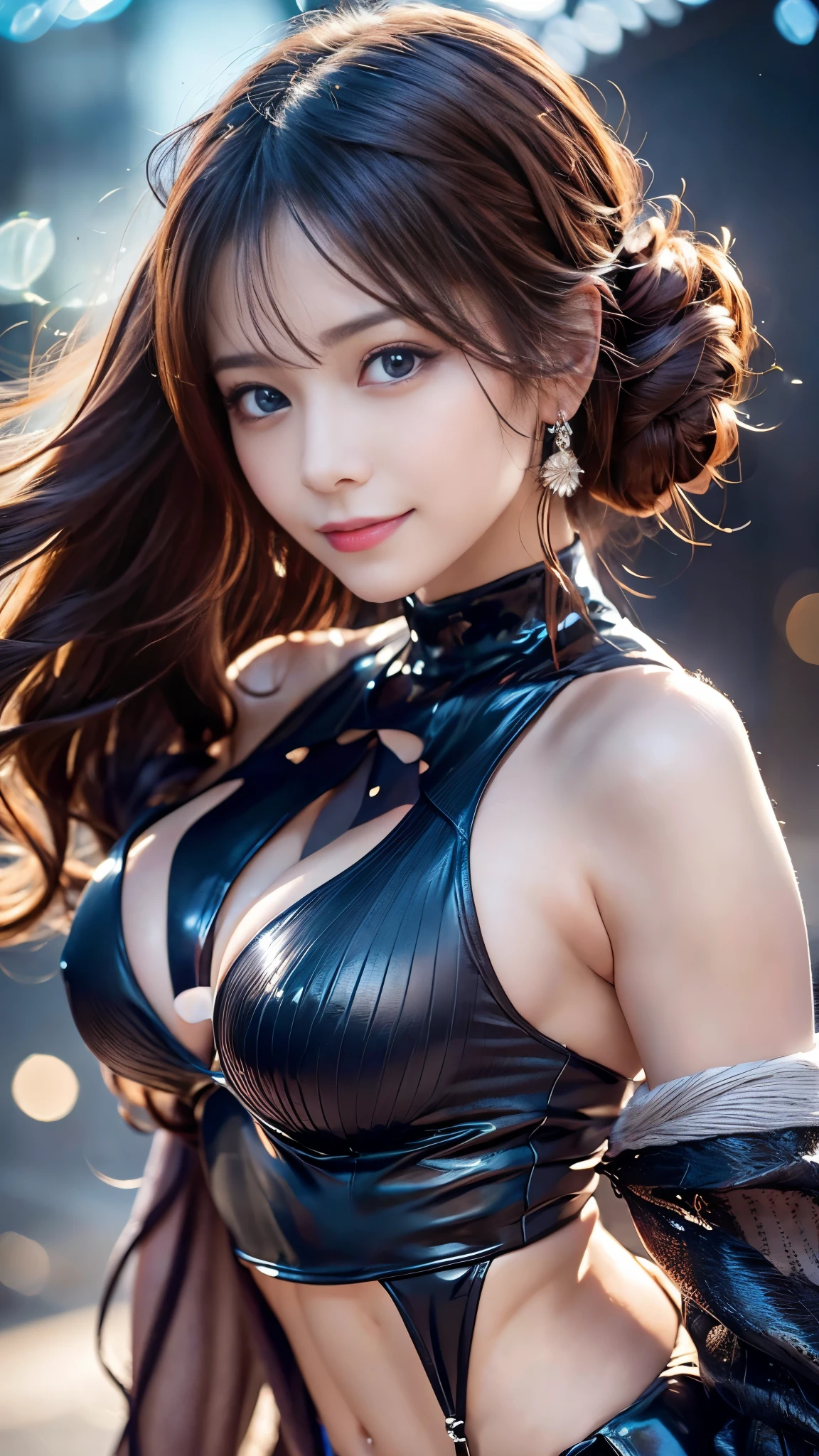 ((Photorealistic))、Ultra HD、8K、(Beautiful lighting)、Sharp focus、Sexy beauty、20-year-old、Sexy shiny latex bikini、((Perfect Anatomy))、(Large Breasts)、(Tight waist)、(Big and firm hips)、Perfect figure、Beautiful and perfect face、A perfect and sharp gaze、(Large, detailed and perfect eyes)、((Random updo hair))、Sexy pose、((smile))、Bright sunshine on the beach