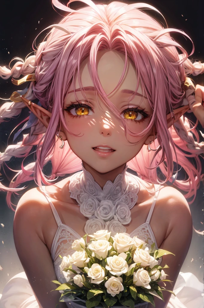 (perfect natural beauty style), (pov, focus face, close up face, solo:2, 1000yo elf) (black skin), (detailed Dreadlocks:1.4) (immensely beautiful pink hair long hair), (best sexy elf woman) (immensely sexy yellow eyes) (ecstasy smile) (glossy lip) (small tits), in a best cute white angel leotard with double exposure:1.2 love hearts, break, hand holding a beautiful detailed big bouquet of white rose, break, ((background font is "Thanks")), BREAK, perfect anatomy, masterpiece, best quality, 16k, beautiful detailed thanks, daydreaming expression.