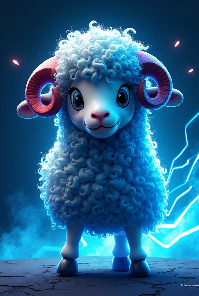 A mascot for a gymkhana with a radical sheep with a blue gradient in its fur