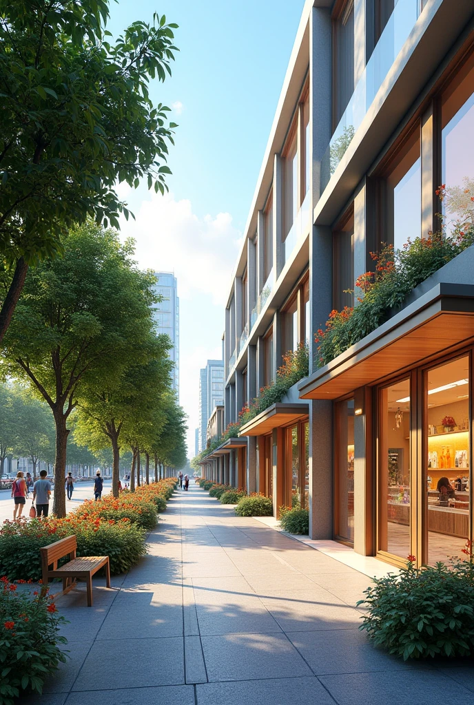 Modern space on the right side with concept store buildings with glass facades, Lighting, benches to sit on, pet pave flooring and colorful flower gardens. Left side only large tall trees providing shade 