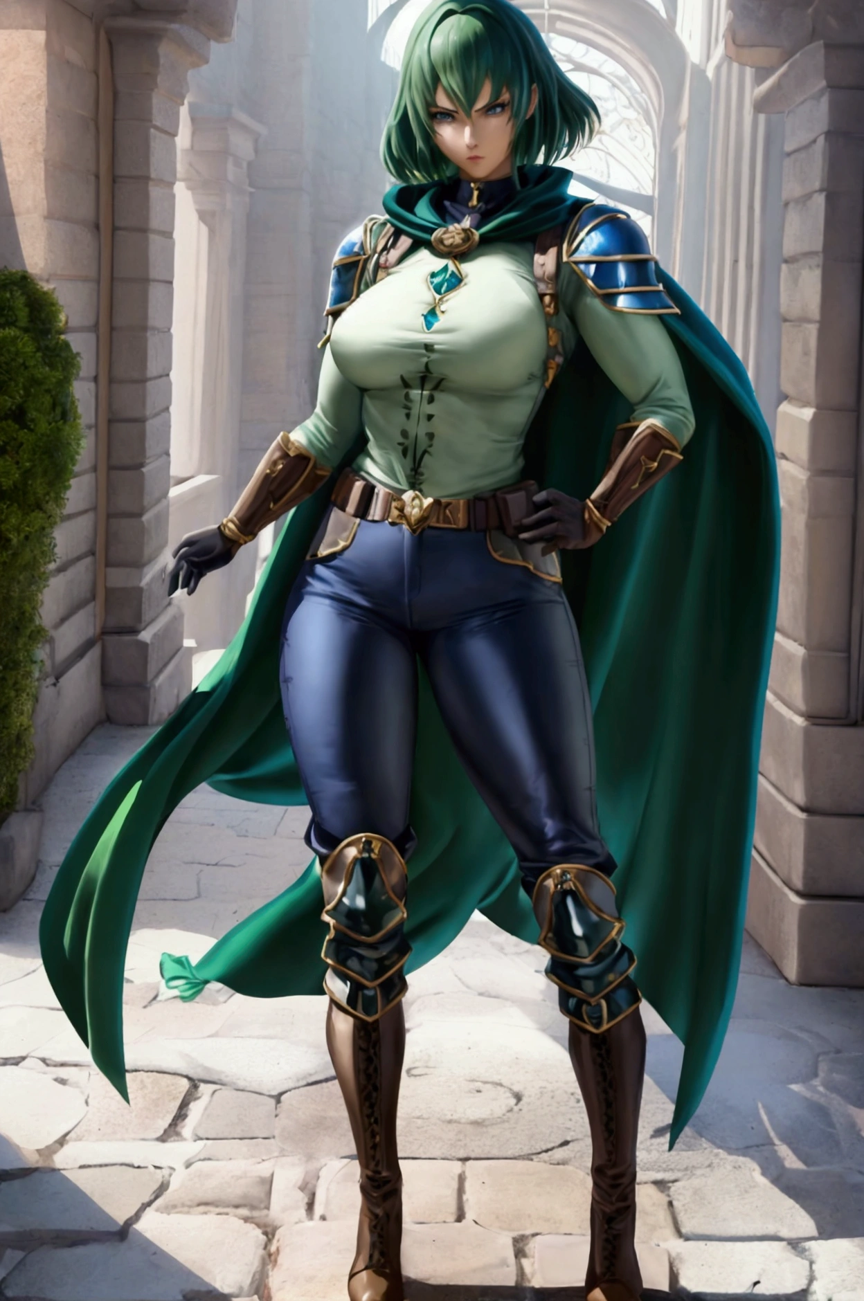 ((artwork, best quality)), ultra detailed,anime styler,1girl,rpg art,fullbody,mature woman,standing pose,muscular body,bright light skin, adventurer clothes, black boots, brown pants, brown gloves, cape, green hair, blue eyes, serious face,gray shirt,sakimichan art style
