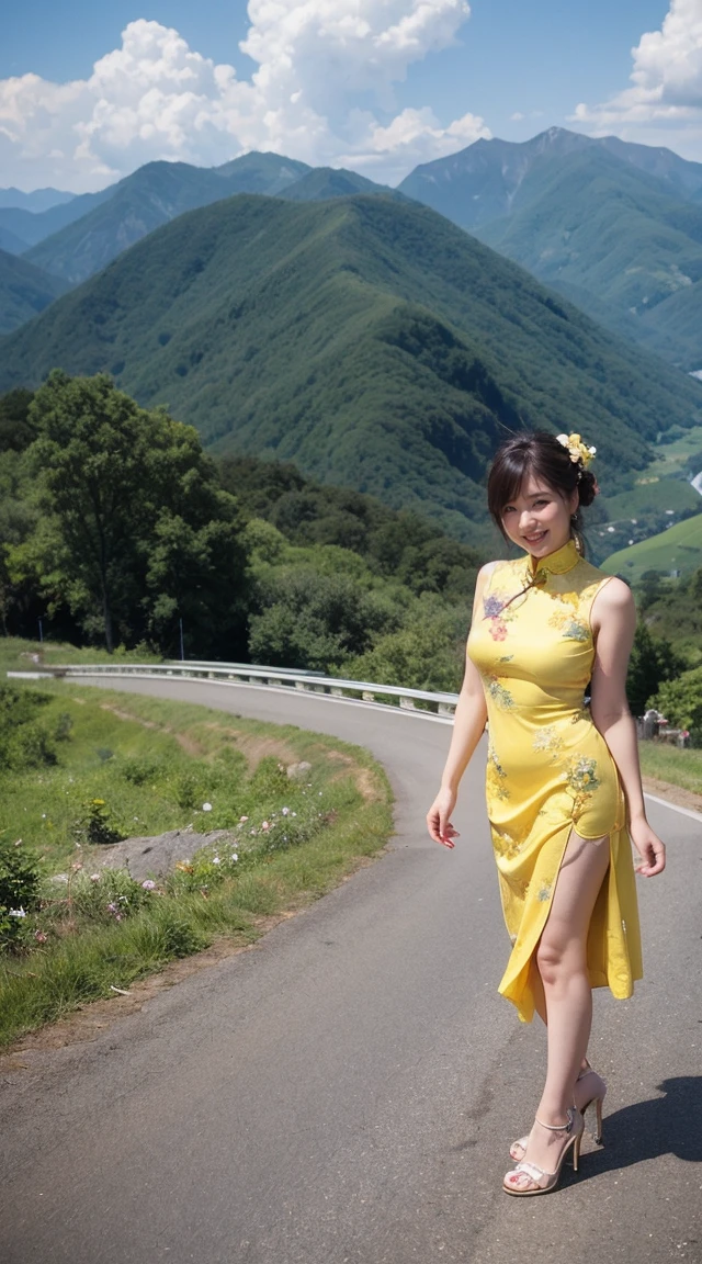 Highest quality, masterpiece,32K ,photograph、 Realistic, High resolution, 8k RAWphotograph,alone, 1 person,、Age 35、Slim figure、smile、 Yellow cheongsam、In the mountains、High heels