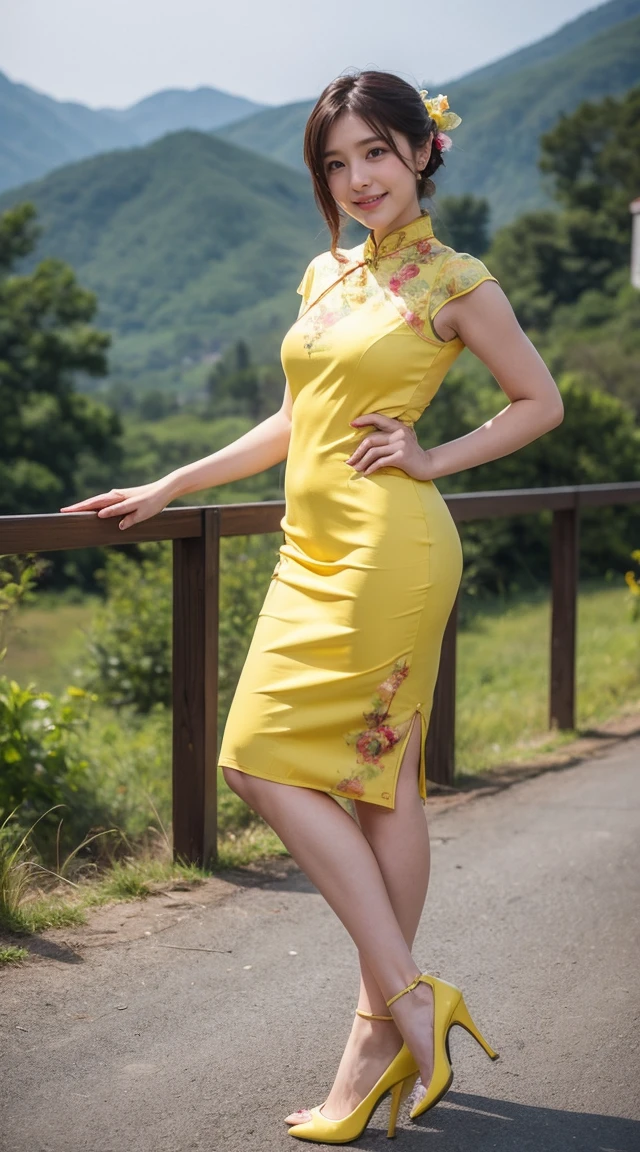 Highest quality, masterpiece,32K ,photograph、 Realistic, High resolution, 8k RAWphotograph,alone, 1 person,、Age 35、Slim figure、smile、 Yellow cheongsam、In the mountains、High heels