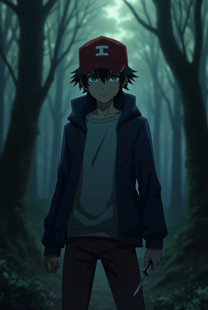The image is anime style cowboy bebop and Darker than black with shadows and dim lights, anime style although somewhat adult and dark, It shows a little with green eyes., He wears a dark red cap and a blue jacket.. He is standing in the middle of a dark forest. He holds a small dagger in his hand. he is serious