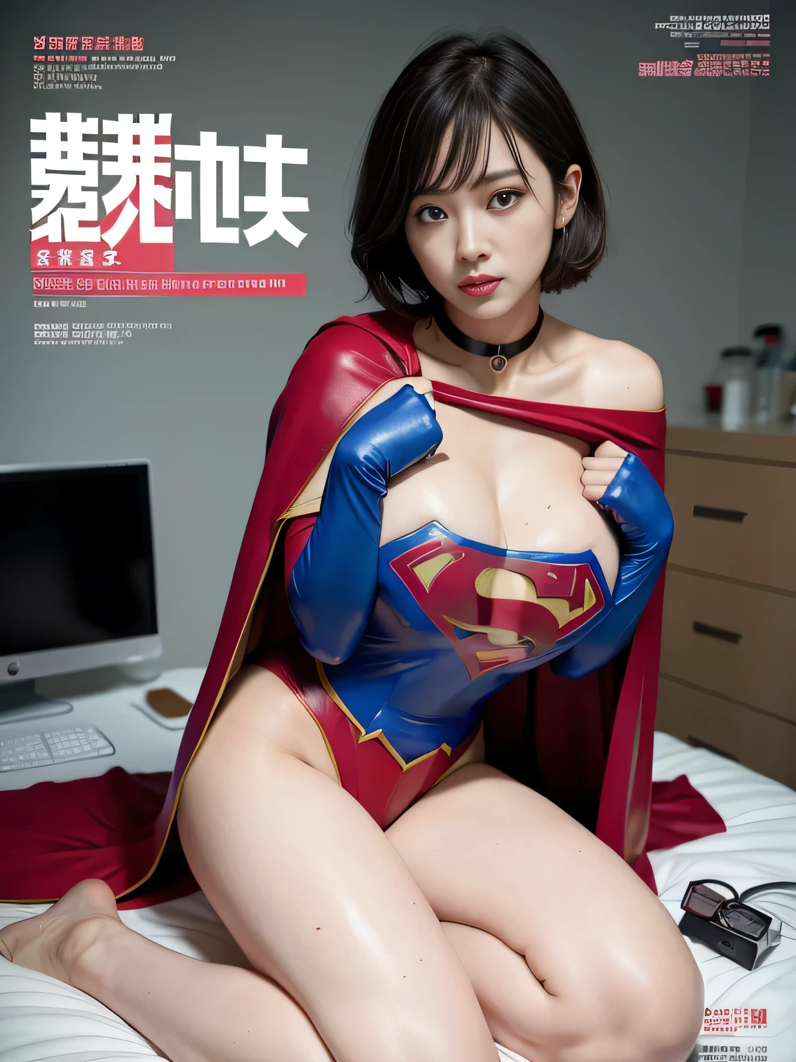 masterpiece、Rubber Supergirl Costume、Short Hair、In front of the laboratory equipment、Nymphomaniac、Big and ample breasts、looking at the camera、Shiny、Off the shoulder、choker、Long sleeve、exy poses to seduce、Sweaty skin、Model body type、charm、Enchanting、Abused、test subject、victim、Wild、Photorealistic、Gorgeous bare legs、Expose your belly、athlete、High leg leotard、Photo magazine cover、Cape、Glamorous cleavage、barefoot、Young wife in her 30s、Close-up shot from the front、