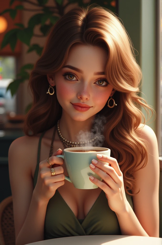 Brunette woman drinking coffee 