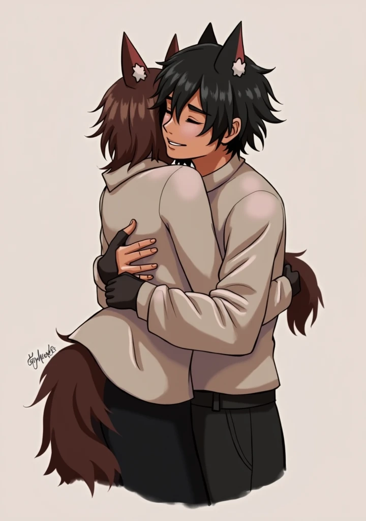 Kissing, with their wolf ears and tail out, still human