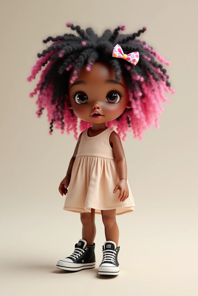  doll shape,brown skin,Eye Brown, pink and black curly hair, light dress, black sneakers of course, colorful bow