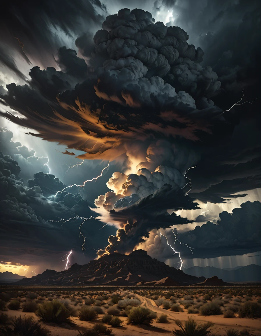 desert, detailed oil painting of a lightning bolt striking a skull-shaped cloud, dramatic lighting, dark moody atmosphere, dramatic cinematic composition, highly detailed, hyperrealistic, dramatic lighting, chiaroscuro, moody, dark and stormy sky, dark clouds, dramatic clouds, realistic lightning bolt, photorealistic, intricate details, dramatic colors, rich textures, masterpiece desert
