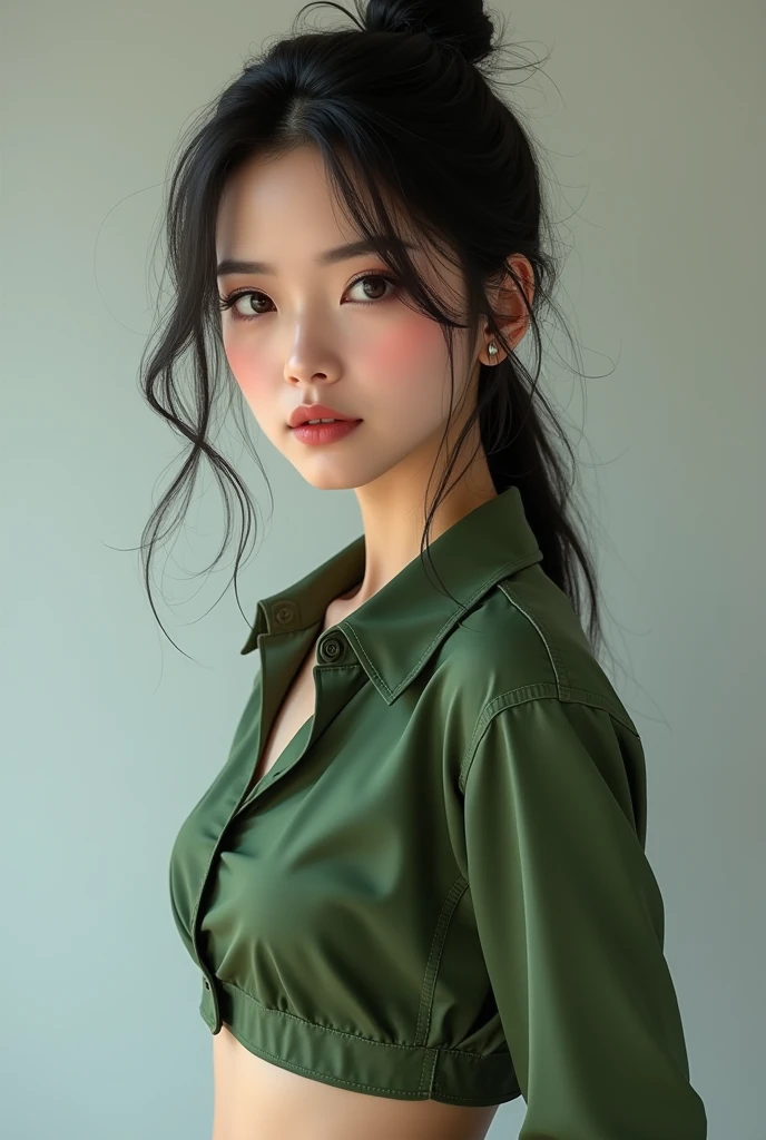 a close up of a woman in a short skirt and a green shirt, a picture inspired by Yanjun Cheng, reddit, arabesque, beautiful asian girl, sexy girl wearing shorts, asian girl, booty shorts, asian women, skinny waist and thick hips, sexy girl, beautiful asian woman, gorgeous young korean woman, wearing tight simple clothes
