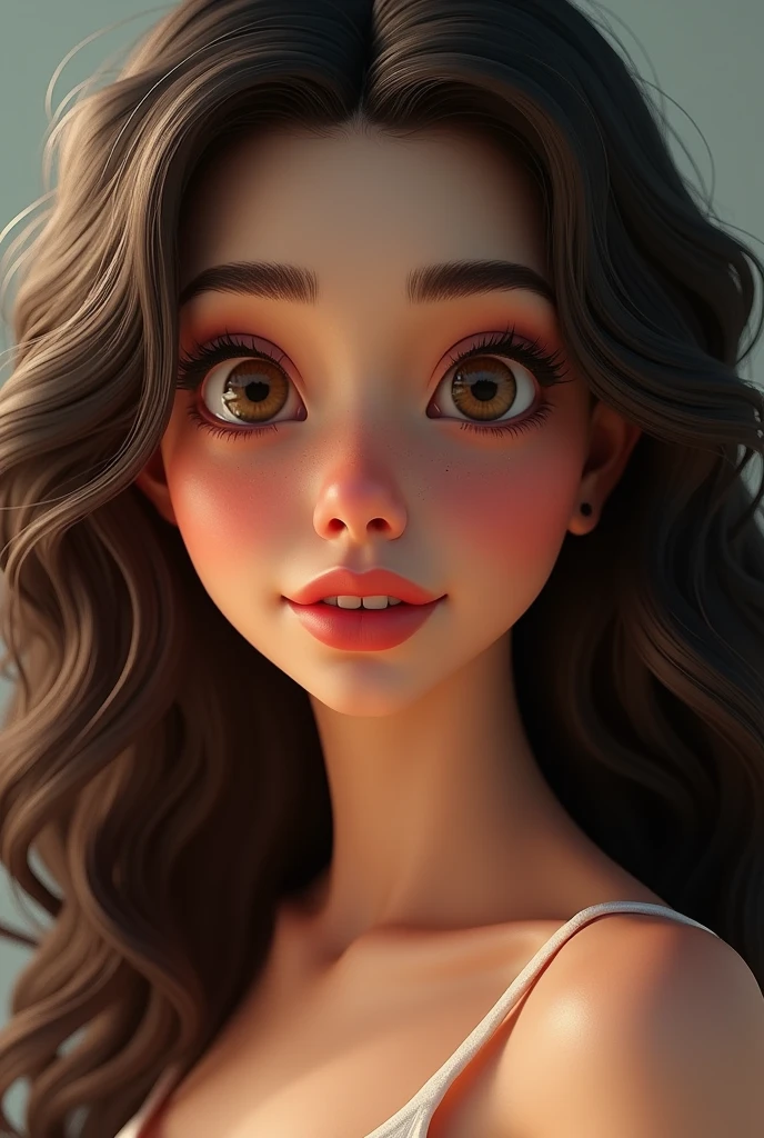 Woman with long curly hair, full mouth, a mole on the lower part of the mouth, round eyes, Pixar 3D