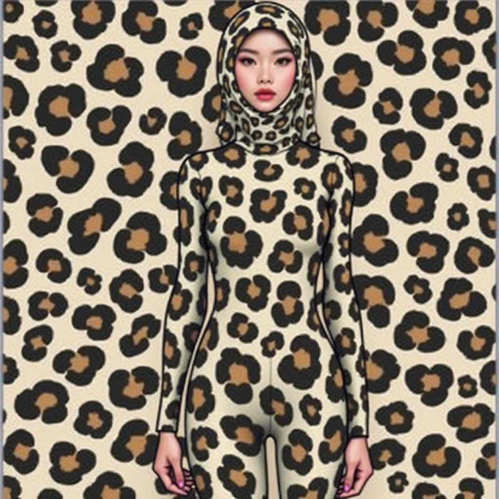 The beautiful,slender thin and clever asian muslimah adult girl with beautiful and shiny cheeks wears leopard print lycra turtleneck unitard catsuit covered with spots and leopard print lycra elastane stretchy dancewear square hijab covered with spots.