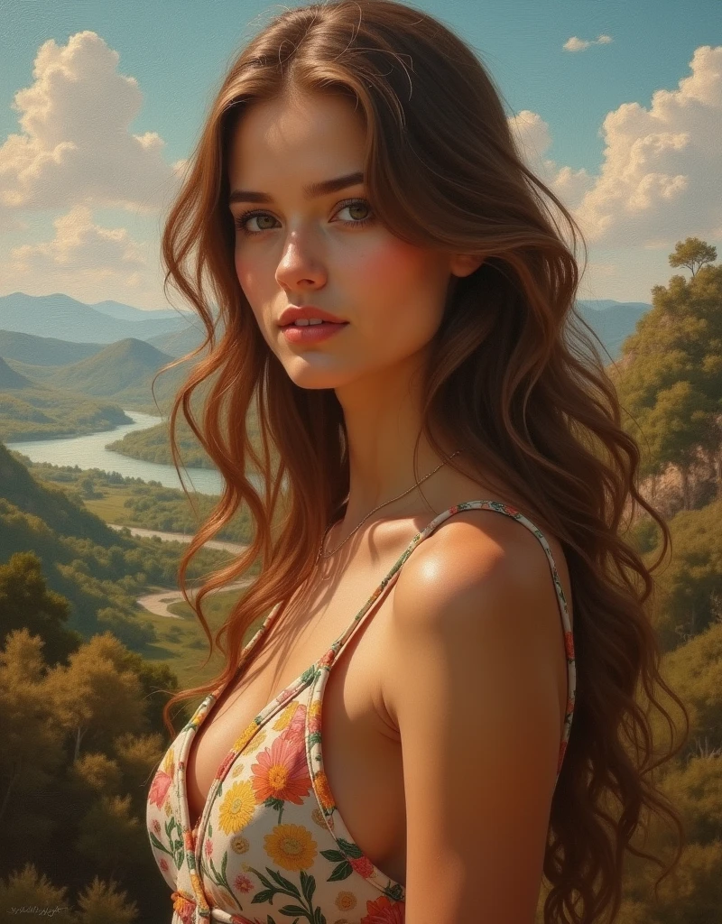 (masterpiece.uhd.oil paint) medium full shot.(Bitcoin). Ultra hot gorgeous european woman. age 23. landscape. big breasts (115E) split.