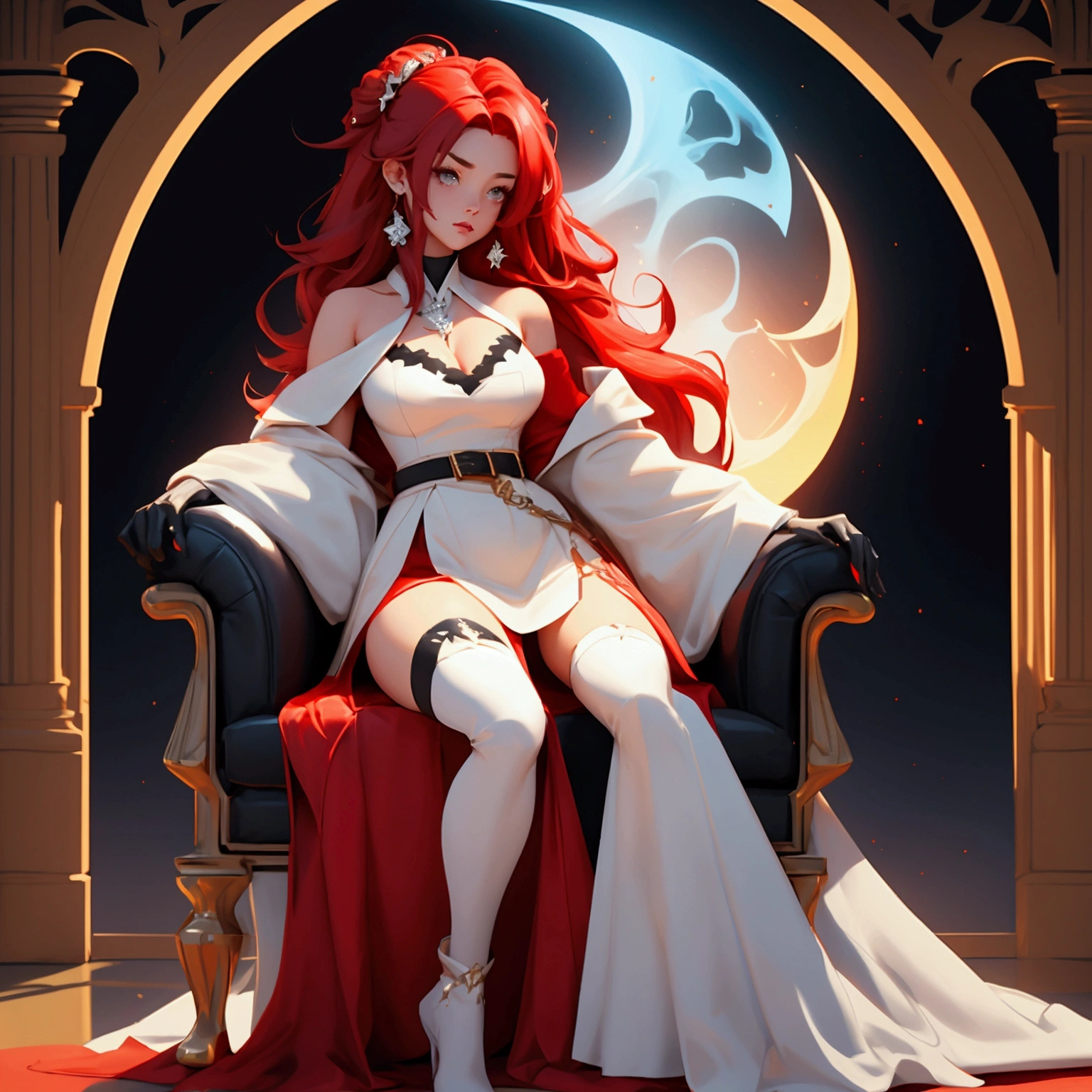 envision a 8k, highres, cinematic, beautiful full body design sheet of a girl named Elizabeth Rose Bloodflame with long red hair, ahoge, hair ornament, earrings, sleeveless dress, white dress, asymmetrical dress, see-through cleavage, white belt, white jacket, off-shoulder, blue fire, black gloves, single glove, white thighhighs, single thighhigh, against a dark background