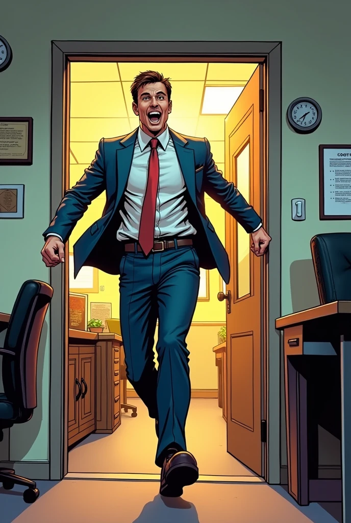 Marco enters abruptly in comic style But from the door of an office .but don't make it too exaggerated.
Less exaggerated