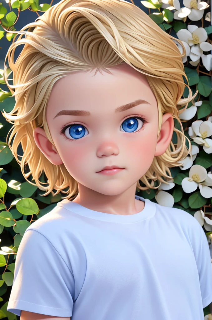 Little kid boy look like a model with blonde hair Ivy League Charm Charm Hair style with blue eyes wearing white t
shirt epic realism
