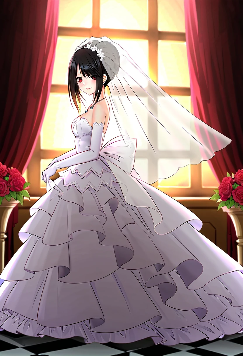 tokisaki kurumi,((masterpiece)),(((best quality))),((ultra-detailed)),((illustration)),((disheveled hair)),((frills)),(1 girl),(solo),1girl,bare shoulders,black hair,bow,bridal veil,bride,checkered,checkered floor,clothes pull,clothing,cross,dress,dress lift,dress pull,earrings,elbow gloves,female,female only,full body,garter straps,glass slipper,gloves,hair bun,hair over one eye,hand on window,headdress,head turned,high heels,jewelry,lace,lace trim,lace-trimmed legwear,lace-trimmed thighhighs,legs,lingerie,long legs,looking at viewer,necklace,open dress,open wedding dress,parted lips,red eyes,shoes,short hair,short hair with long locks,side view,smile,strapless dress,sunbeam,sunburst,sunlight,thighhighs,tied hair,veil,wedding dress,white bow,white legwear,white thighhighs,window,full body,Rating:safe,profile,from side,