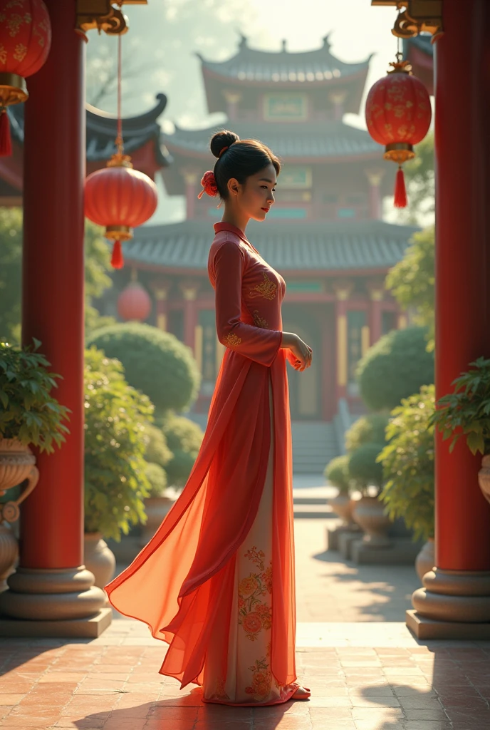 Vietnamese girl wearing ao dai going to pagoda to worship Buddha