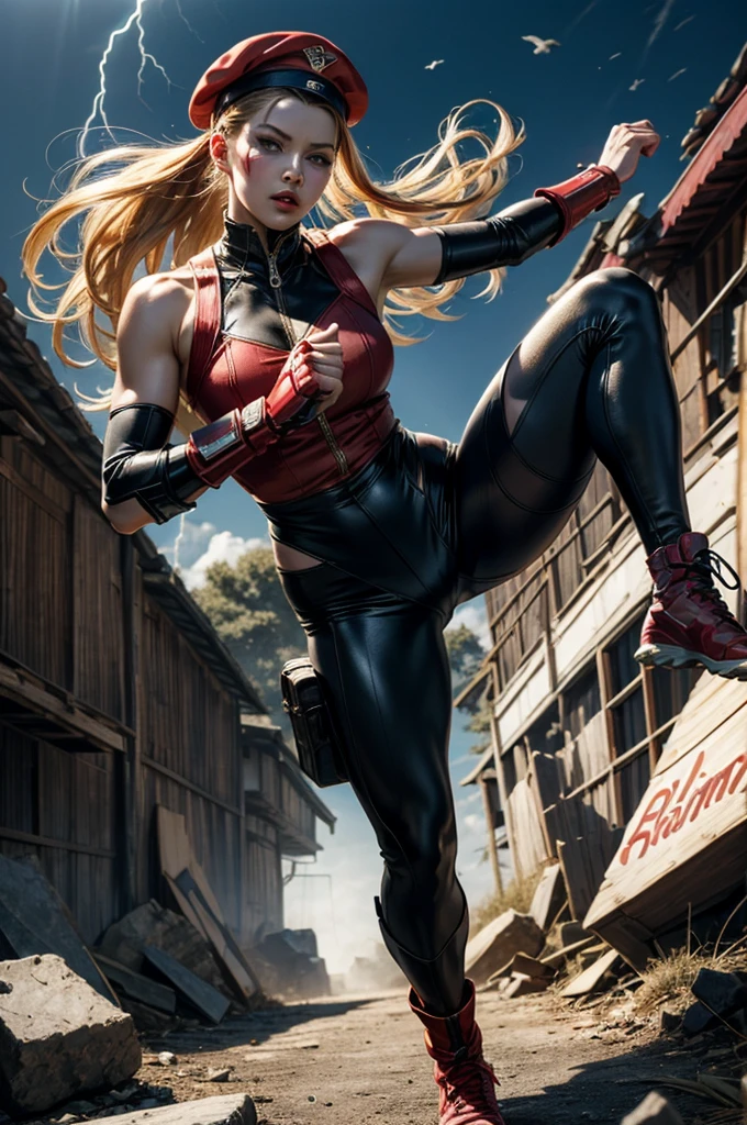 CAMMYï¼Epic CG masterpiece, from Capcom game Street Fighter, cammy, Cammy White (character name), red beret, camouflage face paint, confident, legendary fighting, skills, martial arts expert,lightning kick, spinning bird kick,
