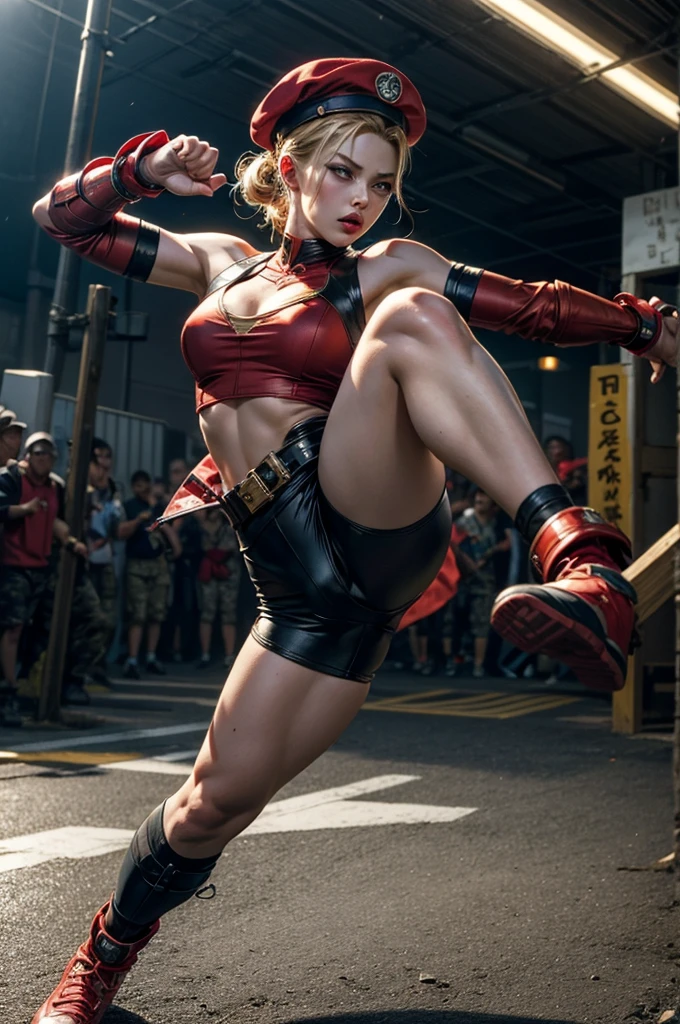 CAMMYï¼Epic CG masterpiece, from Capcom game Street Fighter, cammy, Cammy White (character name), red beret, camouflage face paint, confident, legendary fighting, skills, martial arts expert,lightning kick, spinning bird kick,
