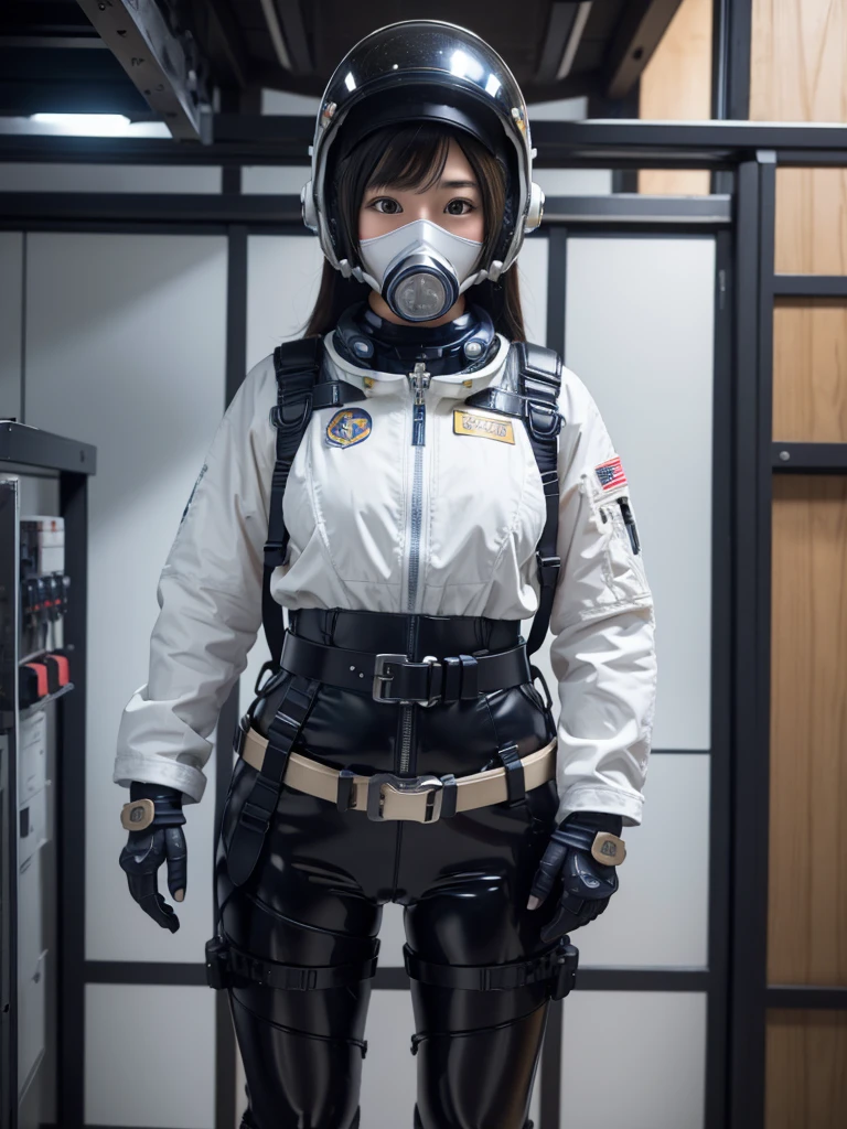 masterpiece, Highest quality, Very detailed, Japanese Android girl, Beautiful 2 Japanese woman, Plump,Slightly thicker,Control panel,Android,cyborg,Blunt bangs,astronaut,Thick harness belt,Full-face helmet,Gas mask with regulator,