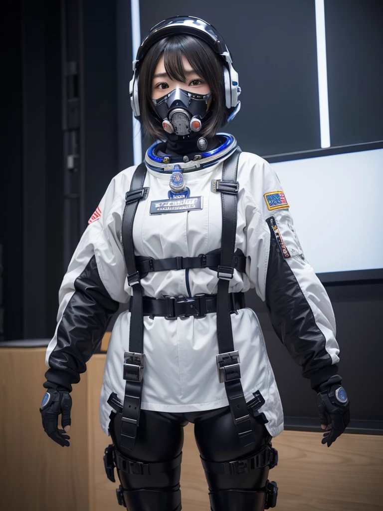 masterpiece, Highest quality, Very detailed, Japanese Android girl, Beautiful 2 Japanese woman, Plump,Slightly thicker,Control panel,Android,cyborg,Blunt bangs,astronaut,Thick harness belt,Full-face helmet,Gas mask with regulator,