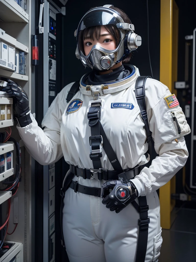 masterpiece, Highest quality, Very detailed, Japanese Android girl, Beautiful 2 Japanese woman, Plump,Slightly thicker,Control panel,Android,cyborg,Blunt bangs,astronaut,Thick harness belt,Full-face helmet,Gas mask with regulator,