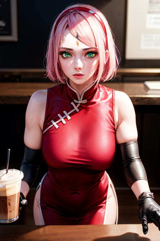 masterpiece, Highest quality,  (Unreal Engine), reality, Super Resolution,  Very detailed, Complex, colorful, Clear images, Sharp focus, Digital Blending, 

One Woman, sakura haruno, short hair, bangs, (greeneyes:1.5), pinkhair, hairband, facial mark, (forehead mark:1.2), red hairband, (swept bangs:1.5), Puffy nipples, Perfect Eyes, Perfect Face, Ultra detailed hair, Ultra detailed face, Very detailed lips, Vivid expression, Healthy Body, Beautifully detailed sweat glands, Smooth skin texture, Carefully drawn,

((humidity:1.2), Sticky with sweat), chinese clothes, dress, red dress, short skirt, black shorts, gloves, black gloves, sleeveless, Bold sexy pose,  

In the world of Naruto, in a coffee shop, (Shot on Sony α9, Dynamic Angle), Browsing Caution, 