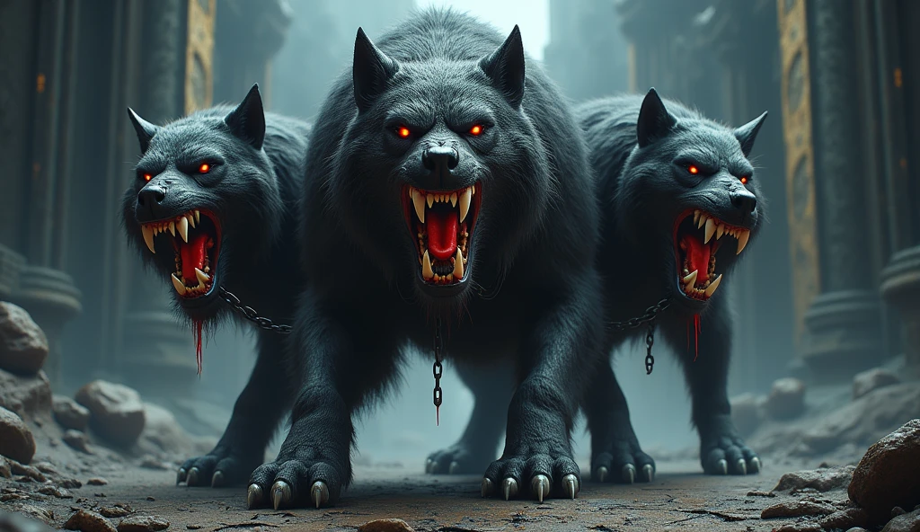 "Create an ultra-realistic and fearsome depiction of Cerberus, the three-headed guard dog of the Greek underworld. Cerberus is portrayed as a massive, muscular beast with three snarling, ferocious heads, each displaying rows of sharp, glistening teeth and glowing red eyes. His fur is dark and matted, giving him a wild and untamed appearance. Each head has a unique expression of rage and aggression, with saliva dripping from their open jaws, ready to attack any who dare approach. His powerful body is covered in scars, a testament to countless battles, and his paws are massive, with claws that dig deep into the ground. Around his necks are chains, broken and dangling, symbolizing his captivity to the underworld. The background is a dark, eerie landscape of the underworld, with a river of souls in the distance and the shadowy gates of Hades behind him. The atmosphere is tense and filled with dread, with the ground beneath Cerberus cracked and scorched by his presence. The overall scene captures the terrifying role of Cerberus as the relentless guardian of the realm of the dead, ensuring no soul escapes and no mortal intrudes."
