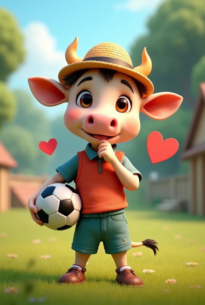 Animation of a cow with a straw hat, holding a soccer ball and wearing sportswear, deep in a heart