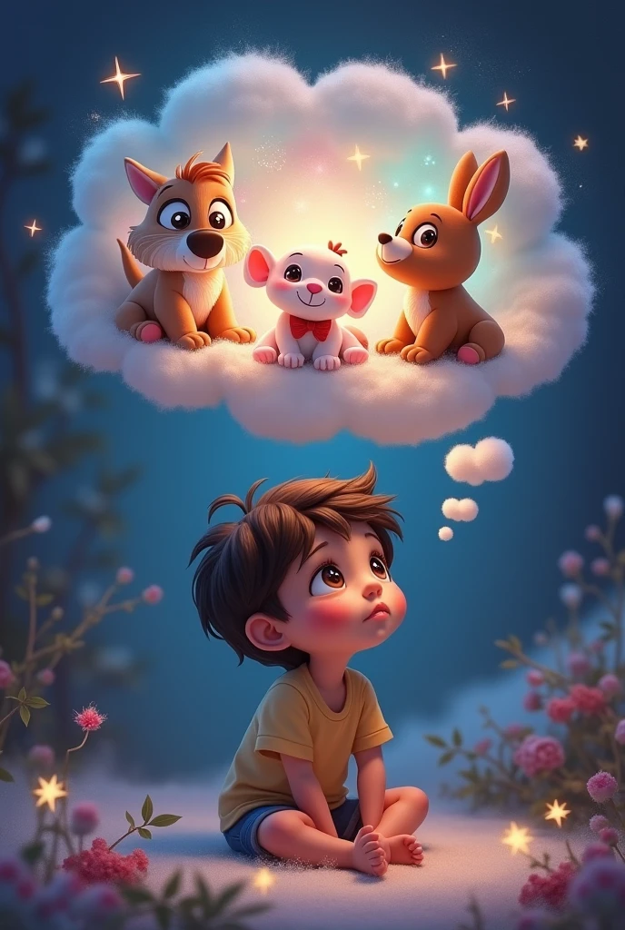 Child thinking about Disney stuffed animals through a thought bubble that shows magic
