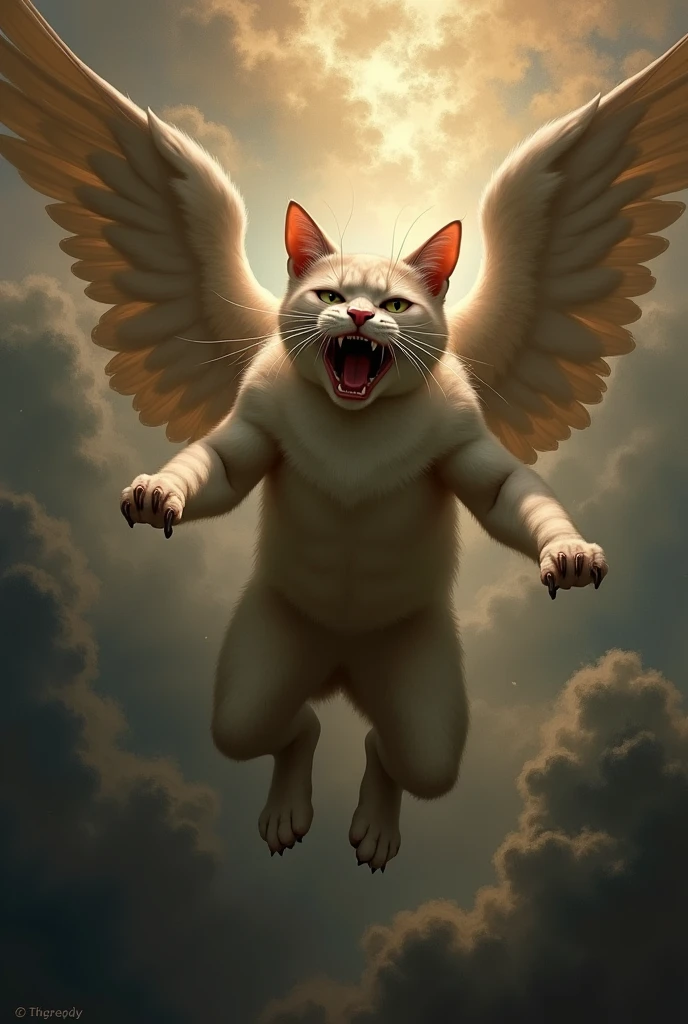 from the painting "The Fallen Angel" by Alexandre Cabanel I want you to recreate that painting but instead of Lucifer a cat, I want the cat's face to be very expressive

