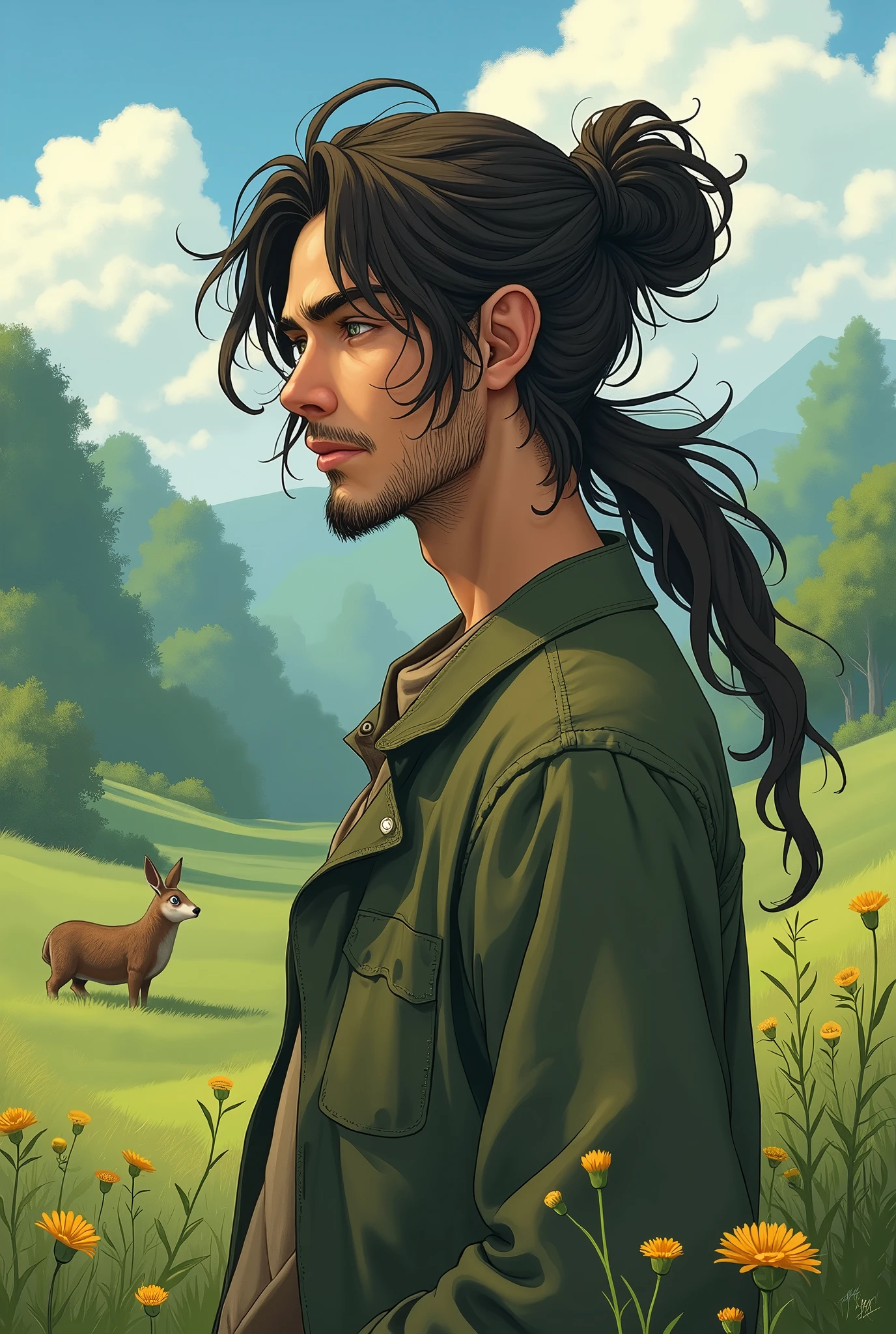 Ghibli design, 22 yo man, long hair, man bun, faint beard, mature look
